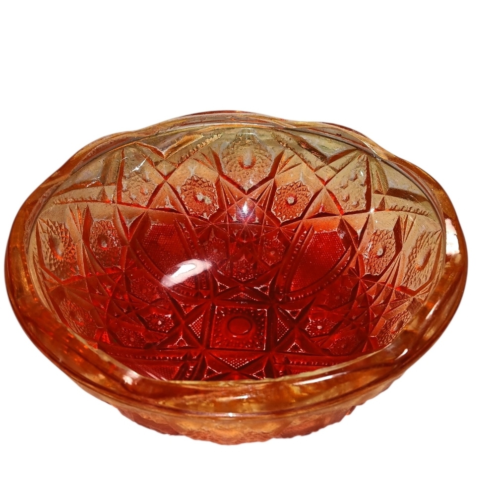 Vintage Jeanette Hobstar Pressed Glass Painted Red & Yellow Bowl